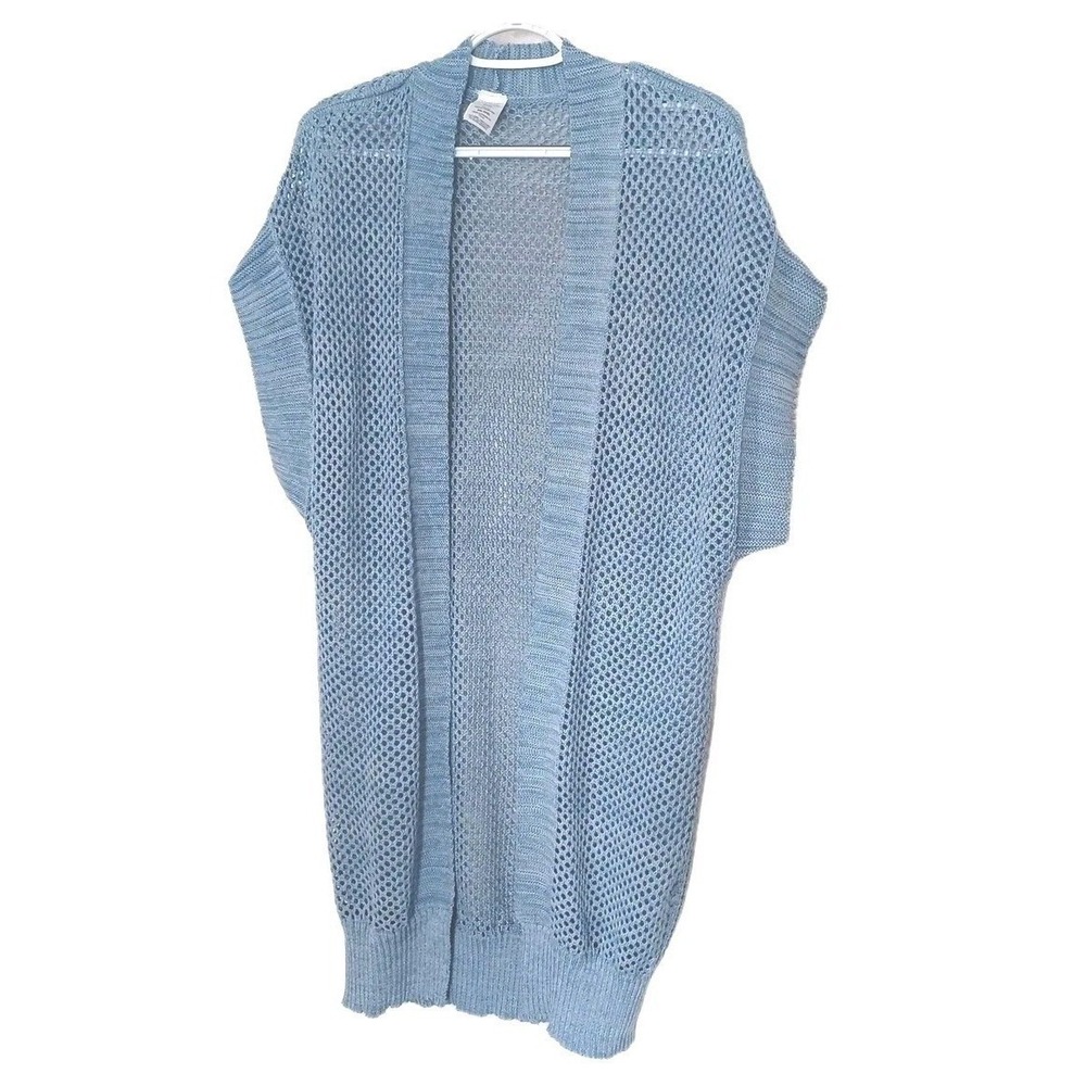 Womens XXL-XXXL Blue Open Knit Crochet Long Cardigan Sweater Trendy Layering